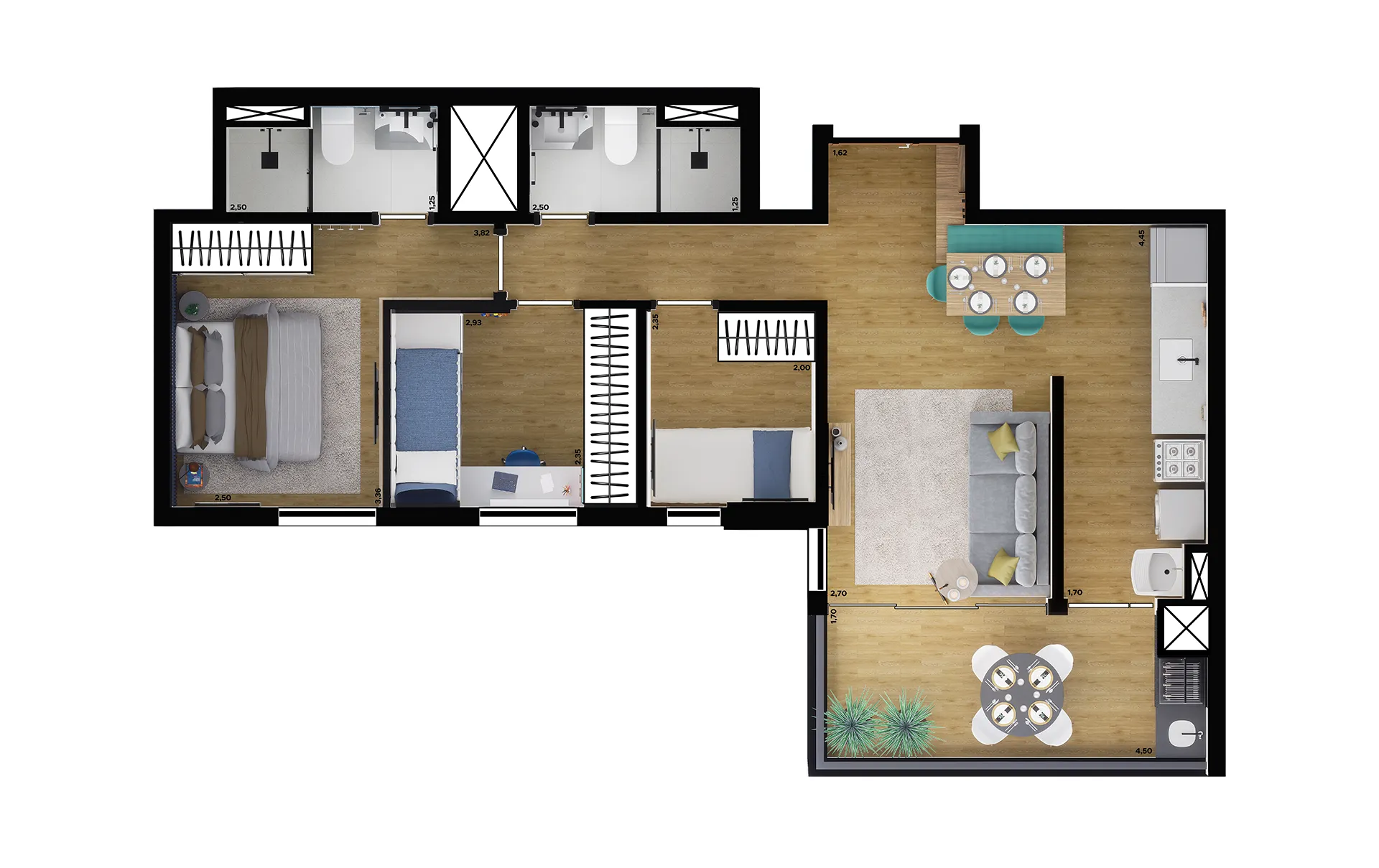 Planta-70m²- 3-dorms